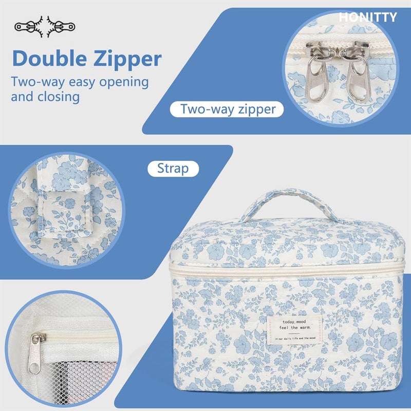 honitty Makeup Bag,Quilted Cosmetic Bag,Large Floral Make Up Bag for Women,Cotton Makeup Bag Set,Flower Travel Toiletry Bag - Image 4